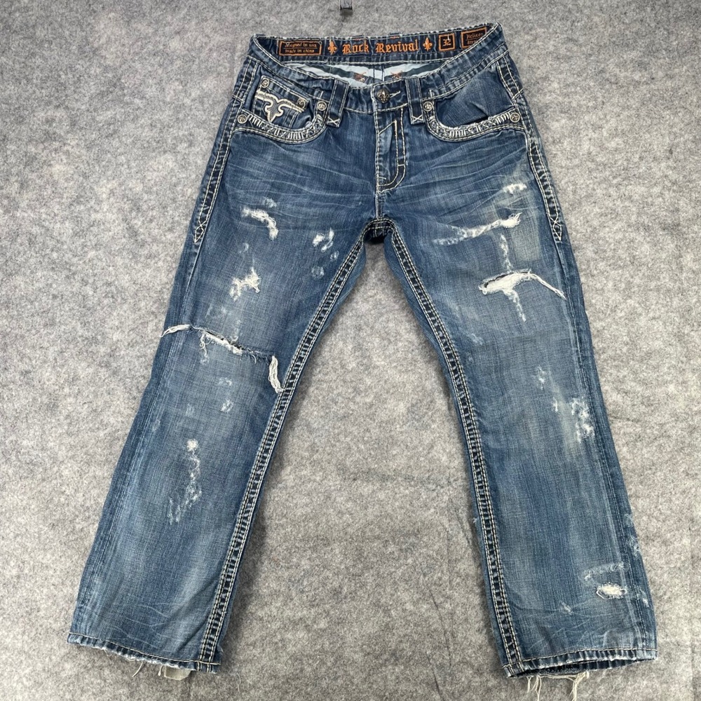 Rock Revival Helicon Jean Men 32x28 Blue Distressed Embroidered Straight Grunge